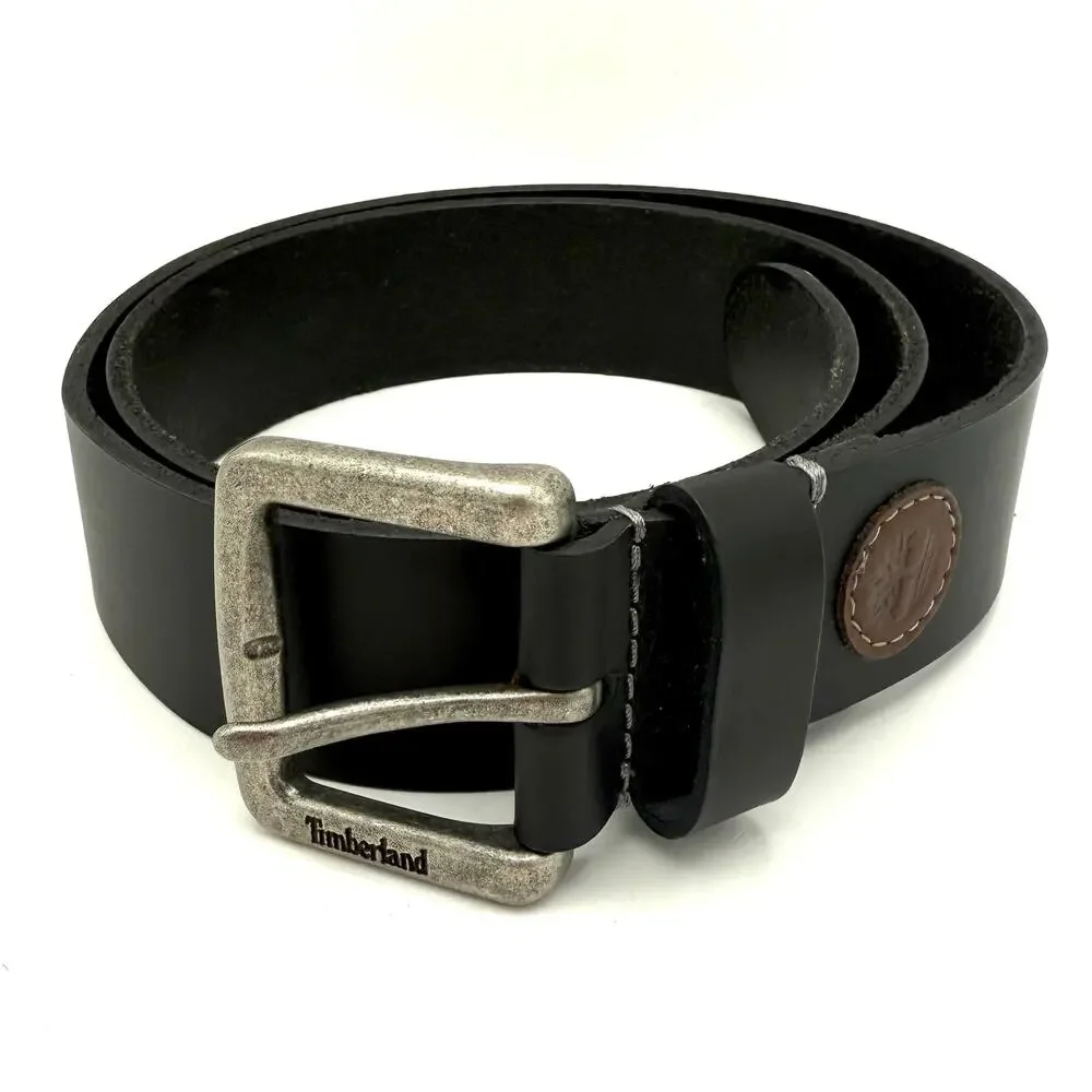 Timberland Men's Black Leather Belt Size 36 Logo Patch Distressed Buckle